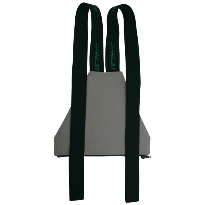 Salopette zippée grise avec bretelles noires, nom du fabricant sur les bretelles vertes