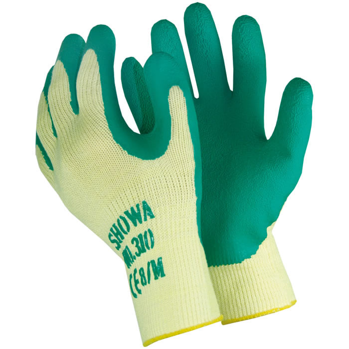 Gants de travail standard Showa, jaune-vert, avec paumes et doigts enduits verts, avec l’inscription « SHOWA n° 310 CE8/M » à l’arrière