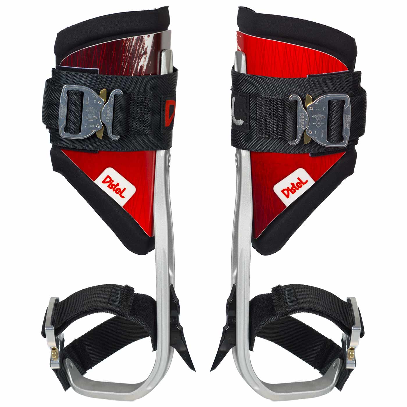 Distel Alu 3.1 Click de Distel, deux outils en aluminium rouge avec rembourrage noir et sangles noires avec boucles métalliques, vue latérale