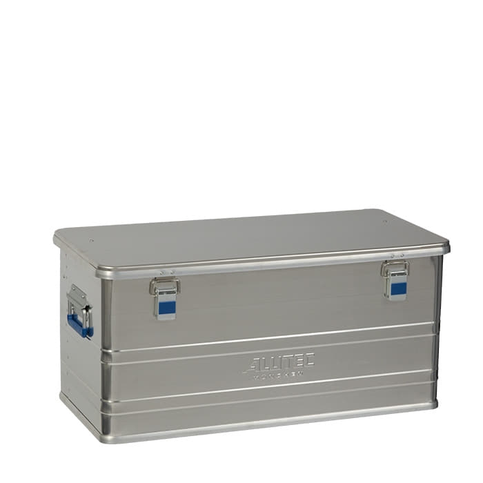 Alubox Comfort 92, boîte fermée en aluminium argenté avec poignées et fermetures bleues, fabricant ALUTEC