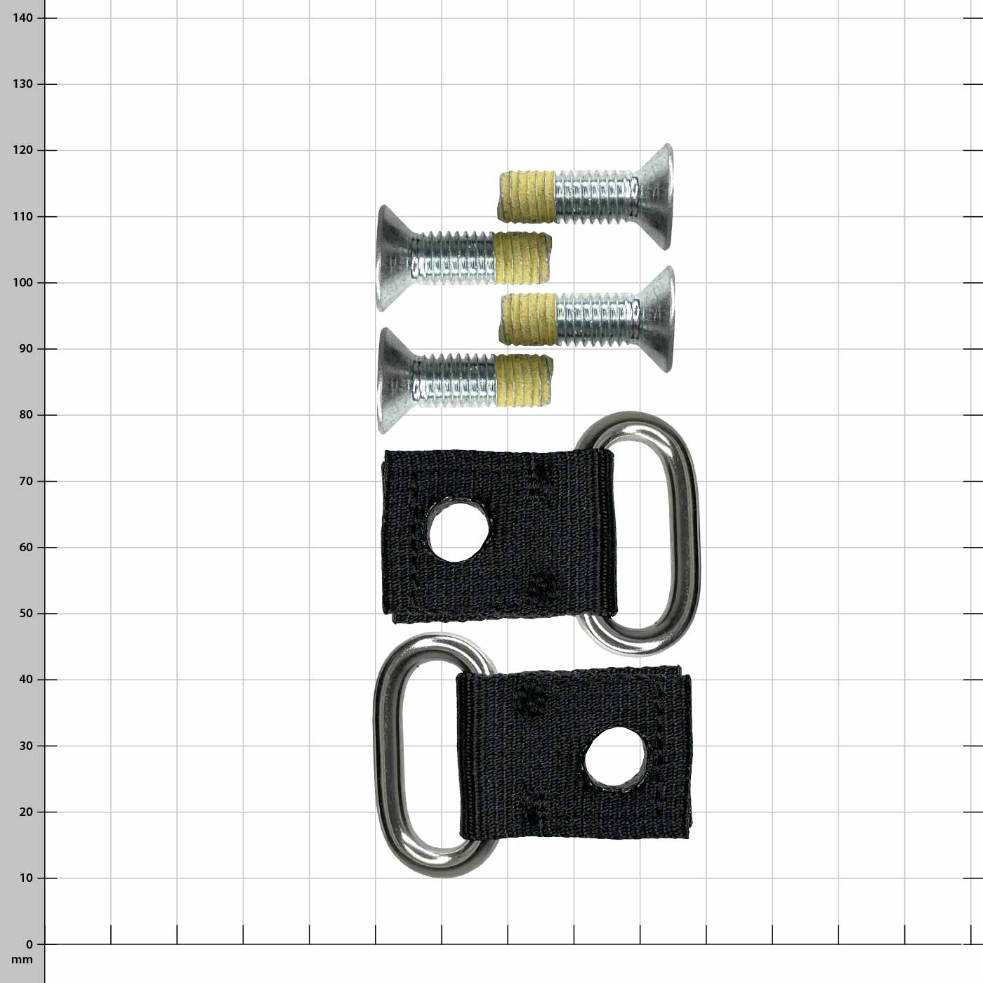 Œillet de guidage en chardon pour cerclage en cuir composé de deux boucles en tissu noir avec œillets en métal et de quatre vis argentées avec partie filetée jaune sur fond à carreaux