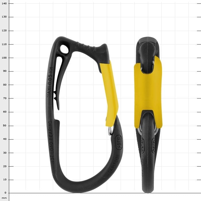 Mousqueton Caritool noir avec sécurité jaune, fabricant PETZL, deux vues côte à côte, l’une montre l’avant avec fermeture, l’autre la vue latérale