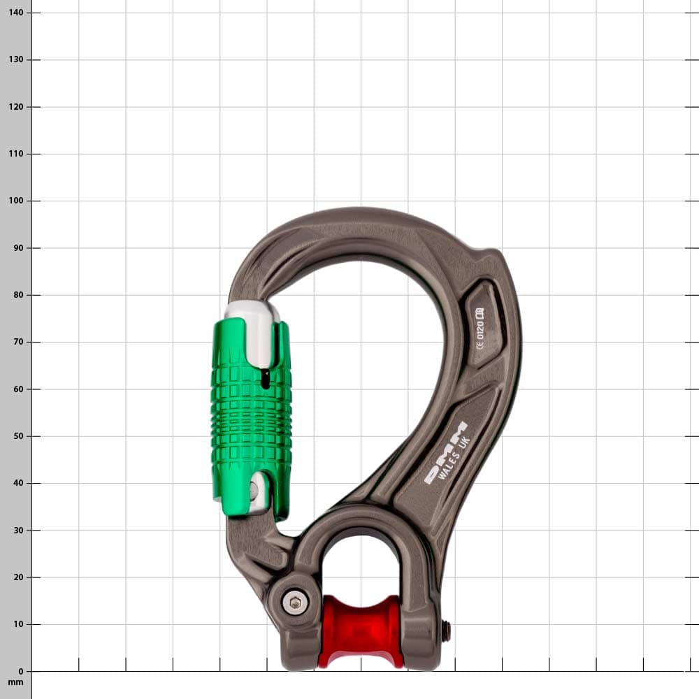 Mousqueton Director Yoke avec fermoir vert et rouleau rouge, boîtier en métal brun-gris
