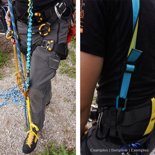 Outil élastique bleu avec section élastique et ondulée et sangle plate avec bordure noire et bande intérieure verte sur un pantalon d’extérieur gris avec équipement d’escalade et chaussures de montagne jaunes et noires