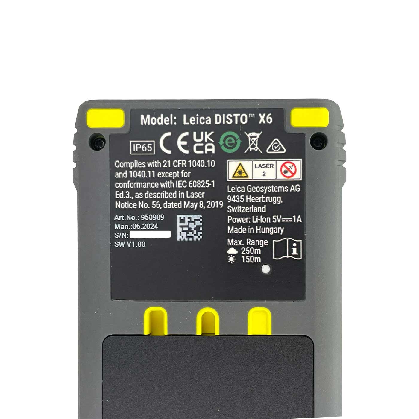 Dos du télémètre laser Leica Disto X6 avec les informations sur le modèle, fabricant Leica Geosystems