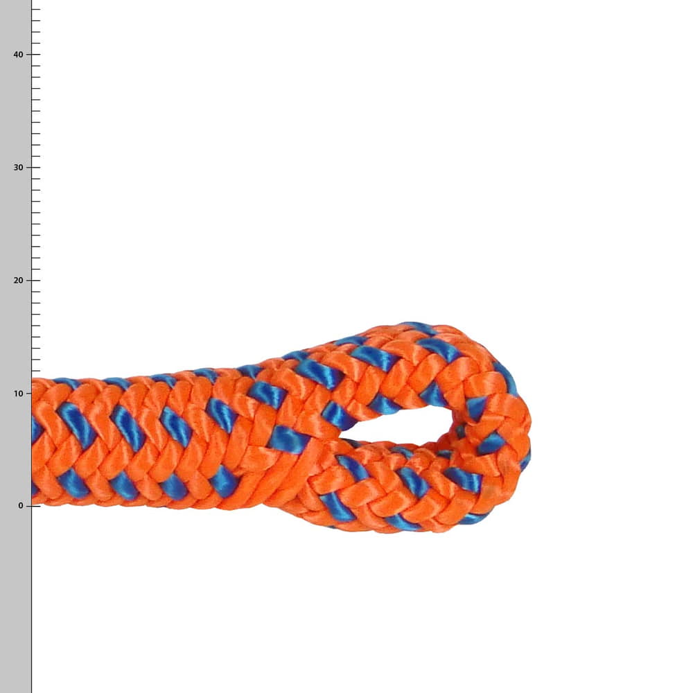 Tachyon Orange spLIFE, gros plan d’une extrémité de corde tressée orange et bleue avec boucle