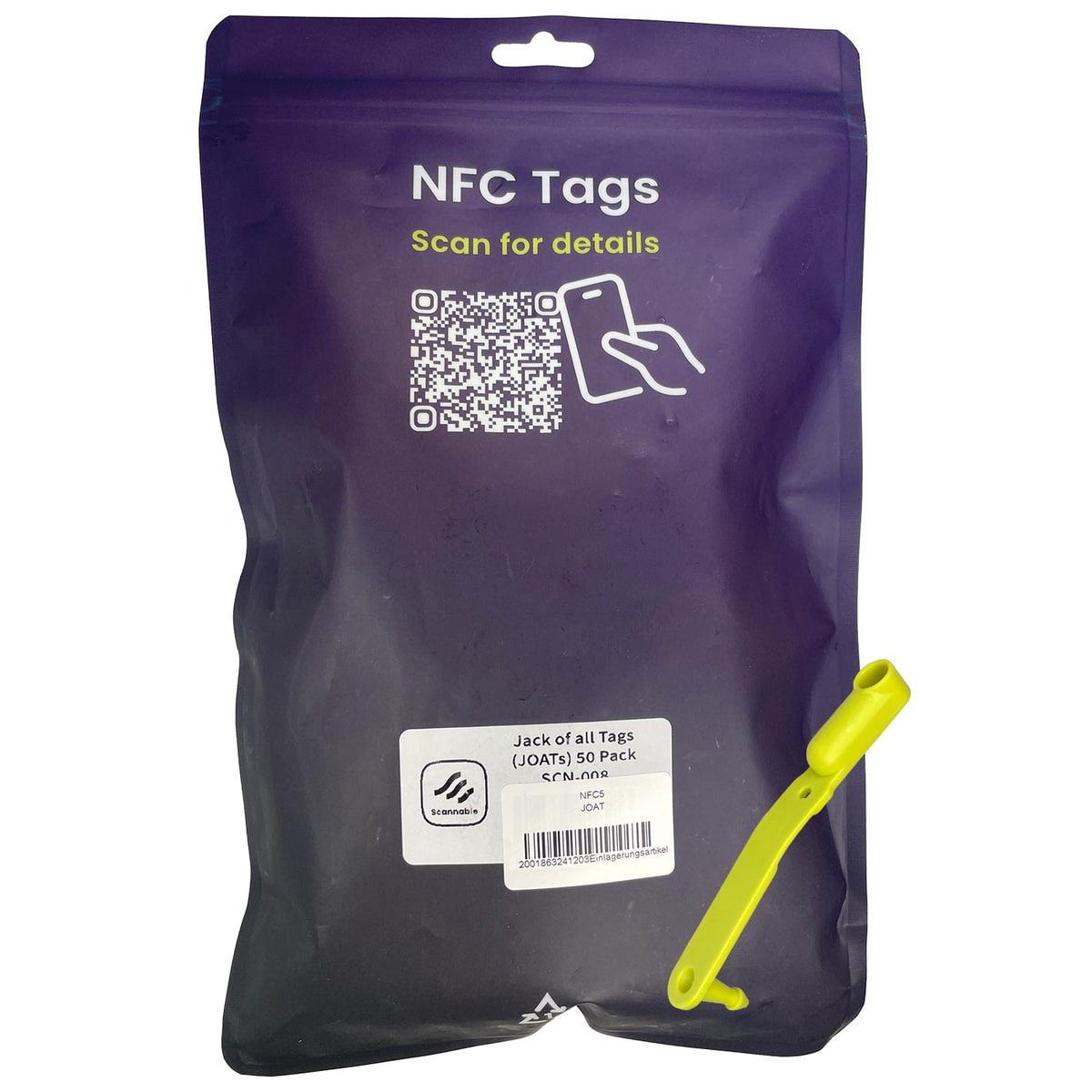 Au dos de l’emballage violet des boucles NFC Tag de Scannable avec un code QR, le texte « NFC Tags Scan for details » et un autocollant blanc, deux boucles jaunes se trouvent à l’extérieur