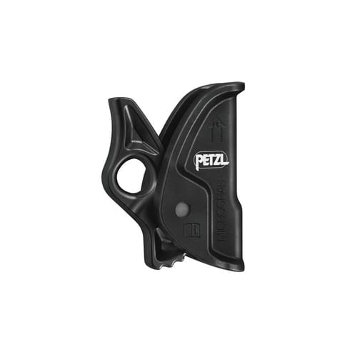 Micrograb de Petzl, appareil d’escalade noir avec poignée ronde et flèche pointant vers le haut sur fond blanc