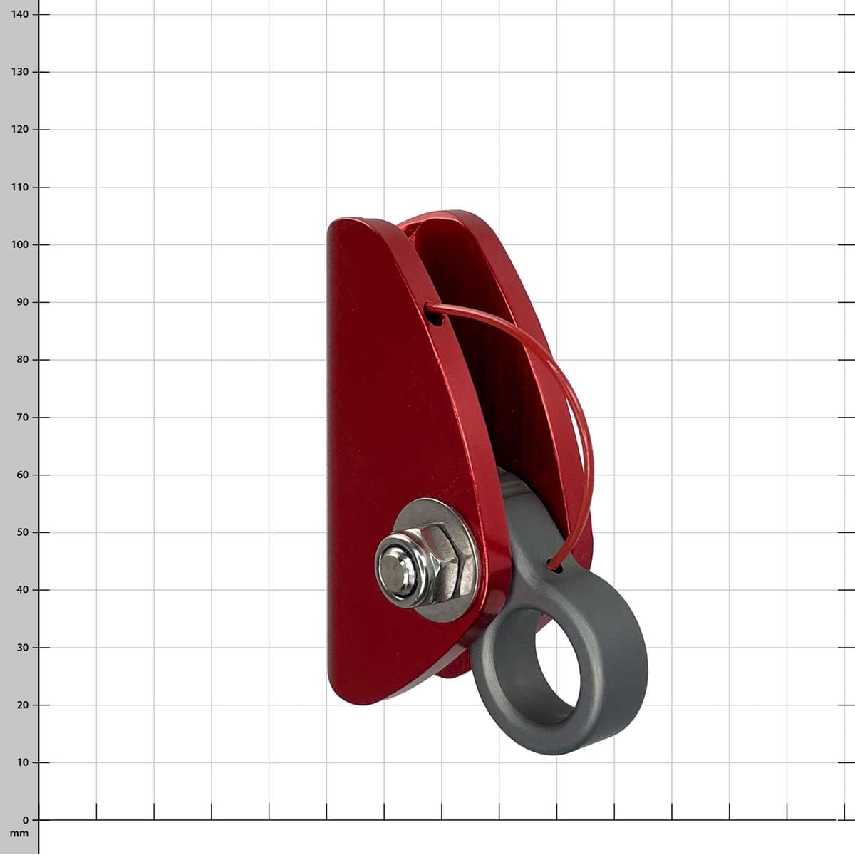Mini pince-câble, dispositif de corde rouge avec anneau gris et fermoir en métal, vue oblique latérale