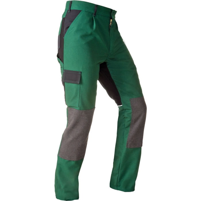 Pantalon en toile StretchZone vert avec renforts noirs et gris, poche cargo sur le côté et fermeture éclair sur le devant