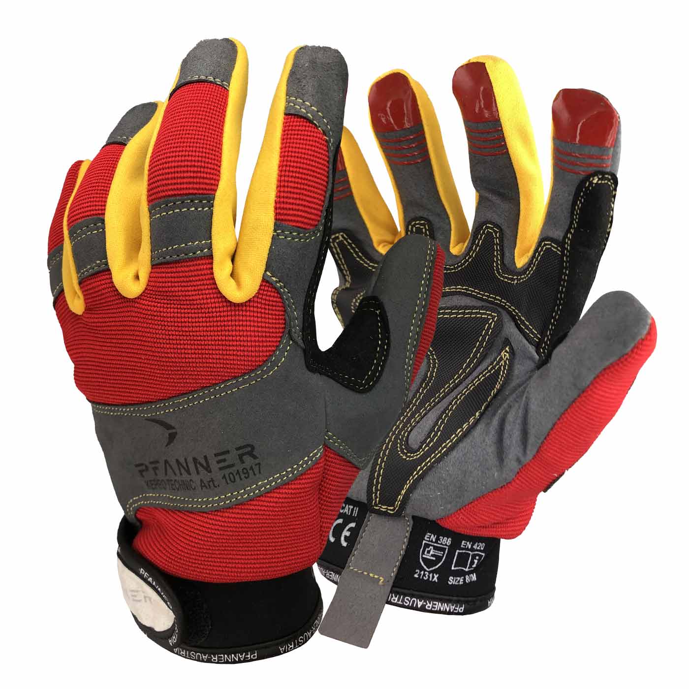Gants de travail StretchFlex® KeproTechnic de Pfanner en rouge, jaune et gris avec détails noirs et imprimés sur le dos de la main et du poignet.