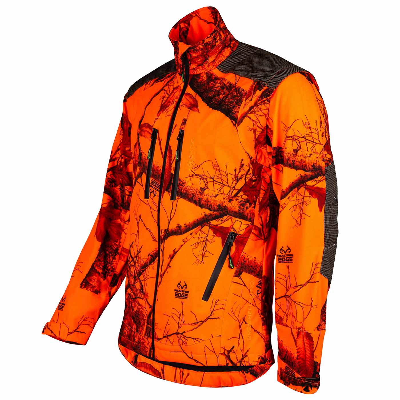 Veste Breatheflex Pro Veste orange Realtree avec fermeture éclair noire et motif Realtree, avec deux poches poitrine et une poche latérale, fabricant non visible