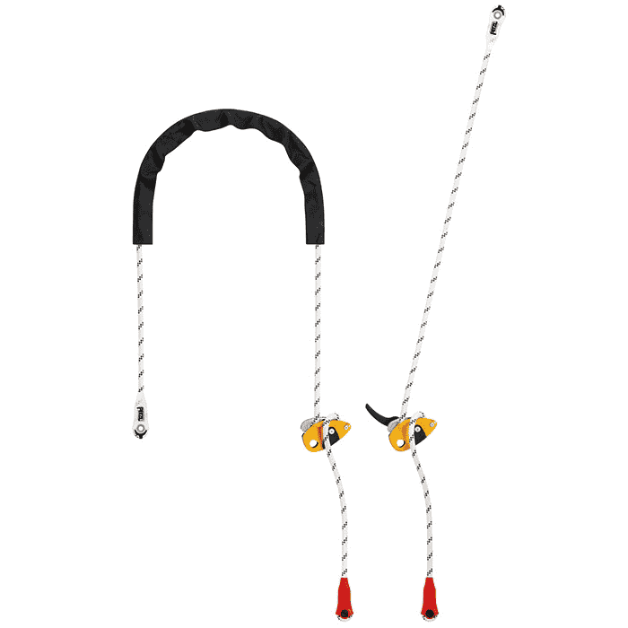 Grillon by Petzl, deux bloqueurs jaunes avec cordes blanches et boucle de poignée noire