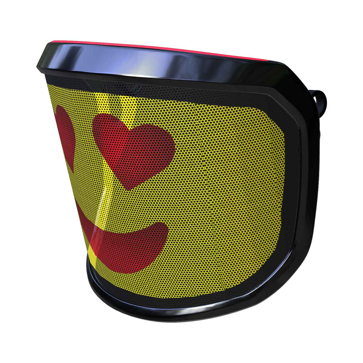 Visière PROTOS® Arbormoji vue latérale avec fond jaune et visage souriant rouge avec yeux en forme de cœur, cadre noir