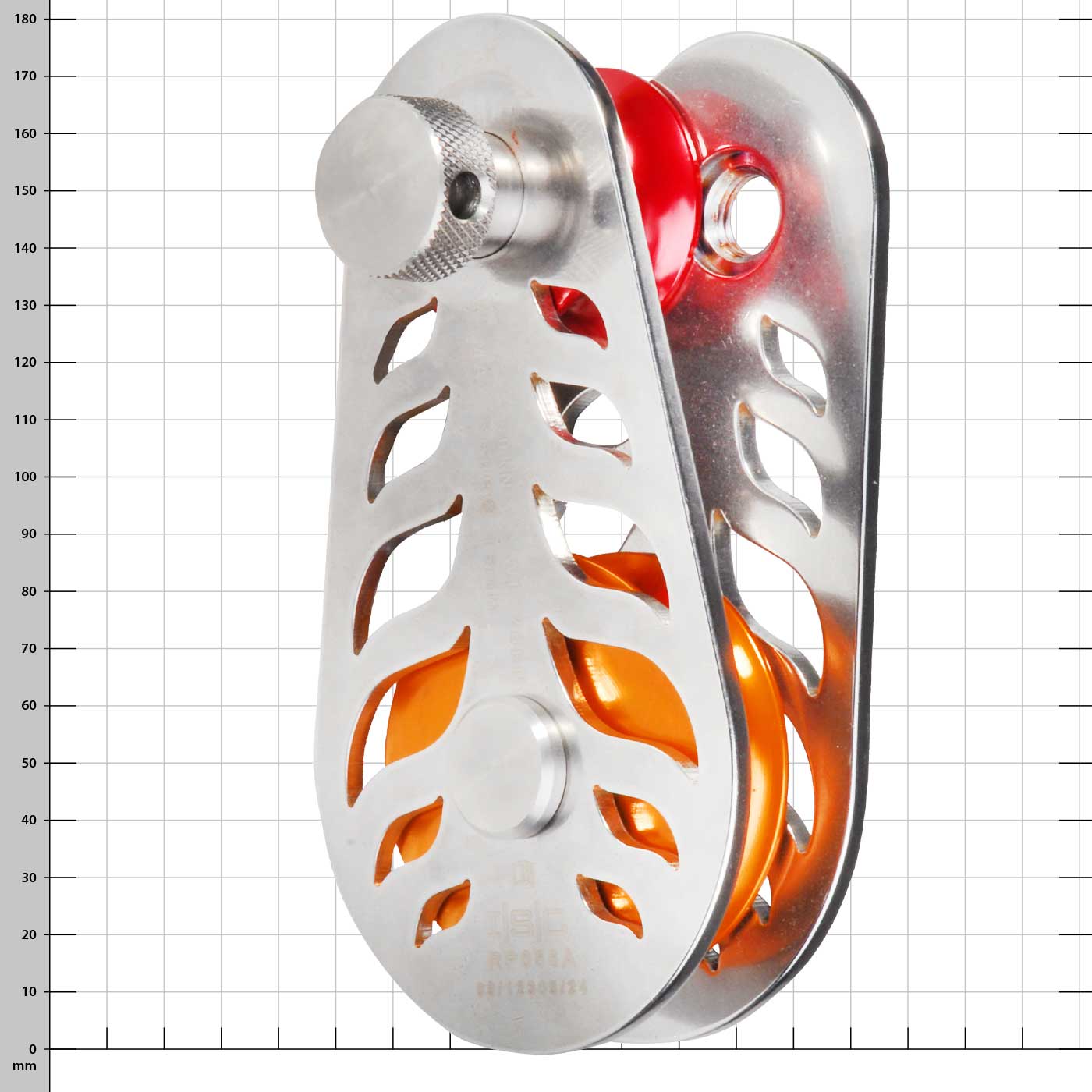 Poulie coupe-feu avec boîtier en métal argenté et poulie orange, fabricant ISC, type RP056A