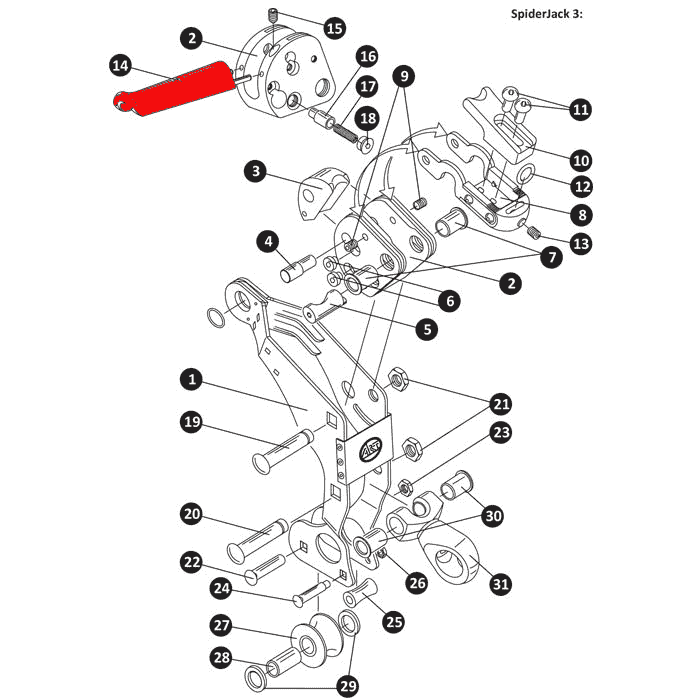 Dessin technique du SpiderJack 3 avec composants numérotés, poignée de déverrouillage marquée en rouge