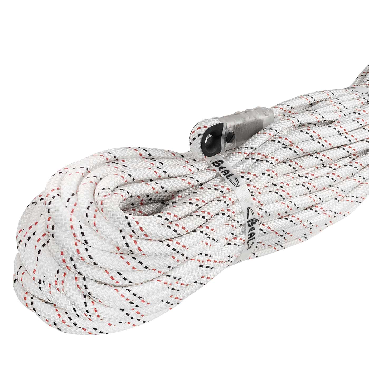 Industrie 10.5 Corde blanche à motifs noirs et rouges, enroulée et fixée avec un ruban blanc avec l’inscription « BEAL », extrémité avec capuchon de protection transparent et anneau noir
