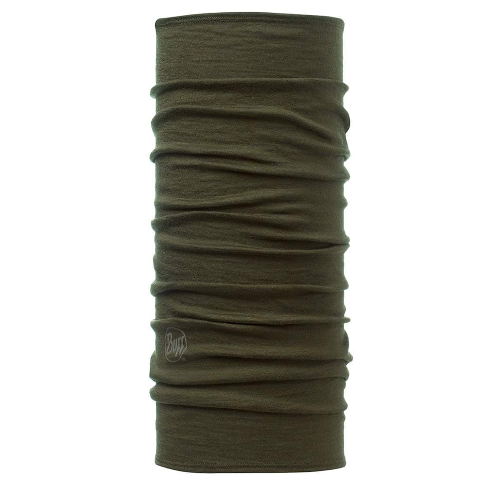 Écharpe tube BUFF en laine mérinos vert olive avec logo BUFF facilement visible sur le bord