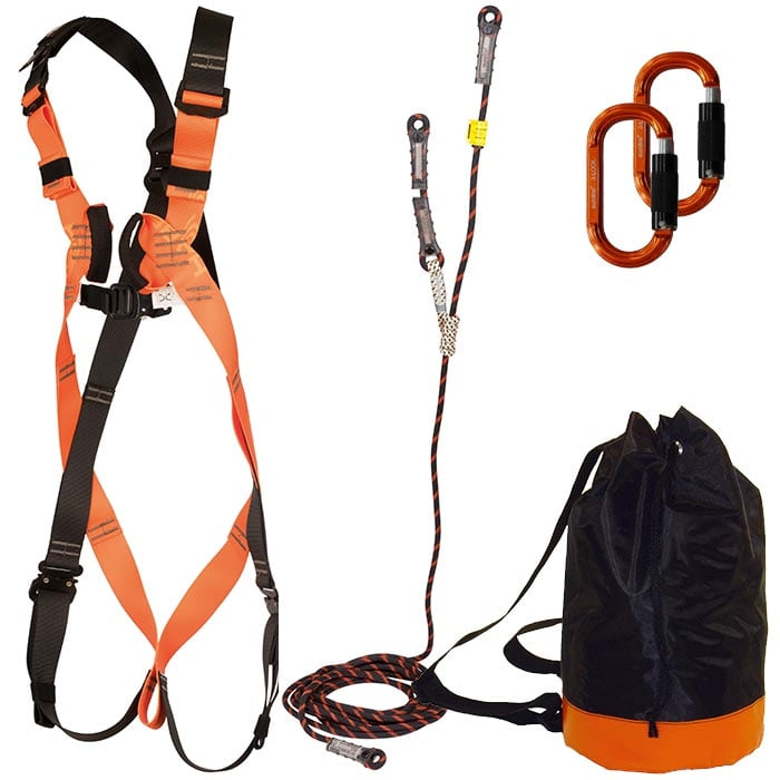 Fossy Set Uni 2, kit d’équipement orange-noir protection contre les chutes avec sangles et boucles, plus un sac noir avec fond orange et deux mousquetons orange