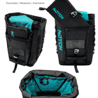 Trois vues du sac d’approche noir avec doublure turquoise, poches intérieures amovibles, compartiment zippé et mousqueton, le tout avec le logo NOTCH visible