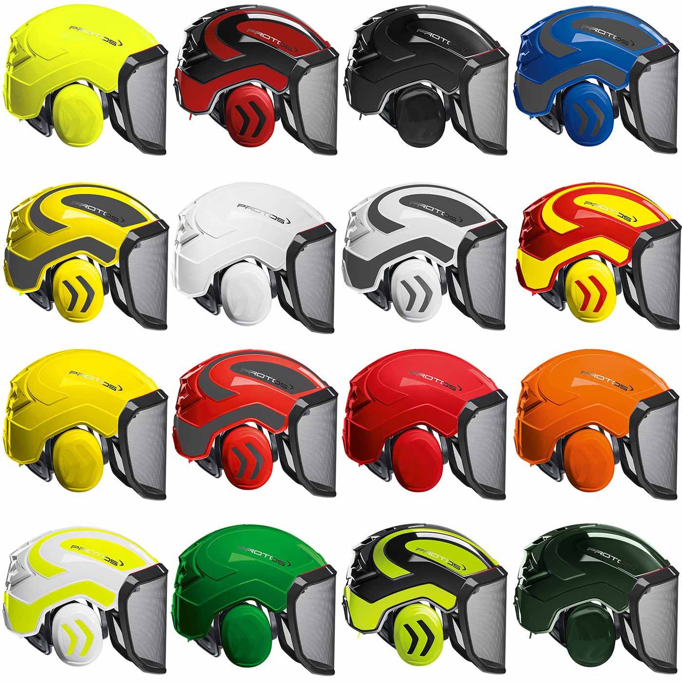 Casques PROTOS Forest dans une variété de couleurs, notamment jaune, rouge, noir, bleu, blanc, gris, orange et vert, tous avec protection auditive intégrée et écran en maille métallique