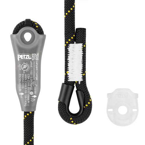 Gros plan de l’appareil d’assurage Petzl Jane-I avec inscription, corde noire à points jaunes et coutures blanches, ainsi qu’un petit anneau en plastique transparent