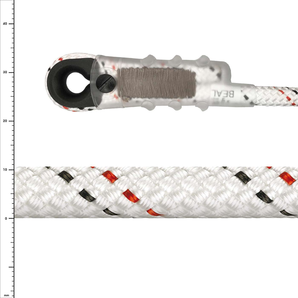 Corde Industrie 10.5 en blanc avec des motifs noirs et rouges, avec un capuchon de protection transparent à l’extrémité et un anneau noir