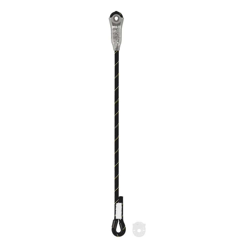 Petzl Jane-I, appareil d’assurage gris avec corde noire à pois jaunes et coutures blanches, plus un petit anneau en plastique transparent