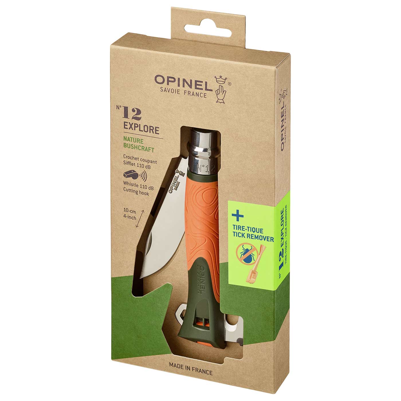 Opinel N°12 Couteau Explore dans un emballage en carton brun avec impression verte et fenêtre de visualisation, manche orange et vert, fabricant Opinel