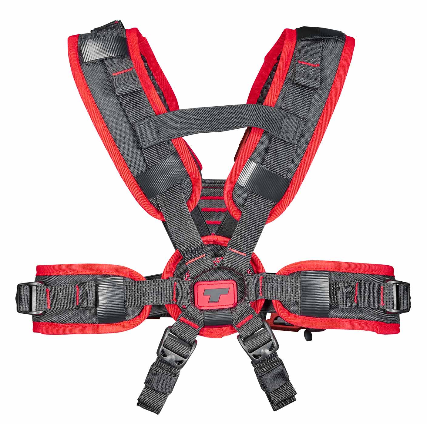 upMOTION SRT, dos du harnais noir et rouge avec boucles et logo rouge au milieu