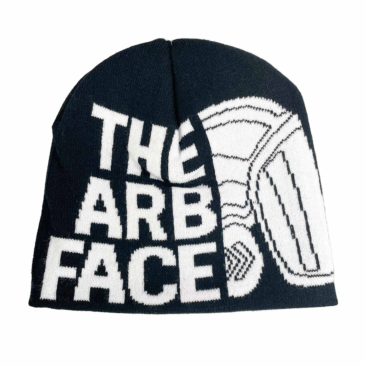 Bonnet Arbface noir avec inscription blanche « THE ARB FACE » et motif blanc sur le côté droit