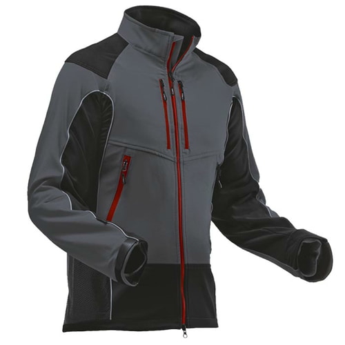 Blouson d’arboriculture gris et noir avec fermetures éclair rouges, vue de face avec col montant