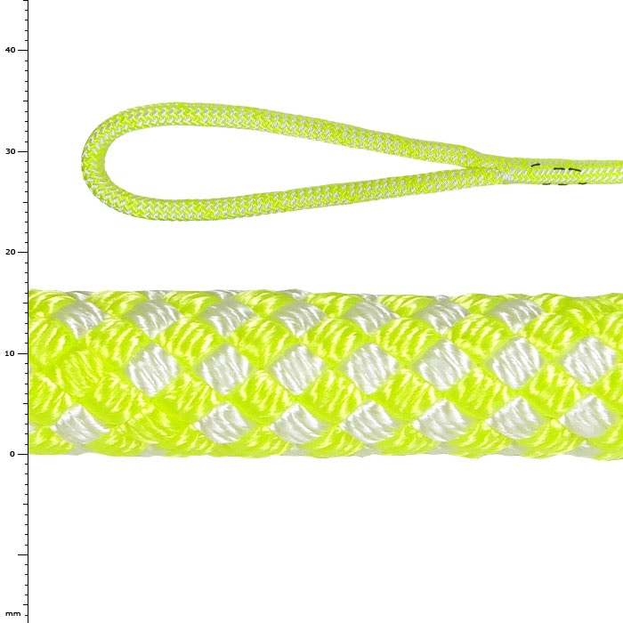 Corde Sirius Bull 16 S, corde tressée jaune clair et blanc avec boucle à une extrémité, gros plan de la structure et de la couleur de la corde