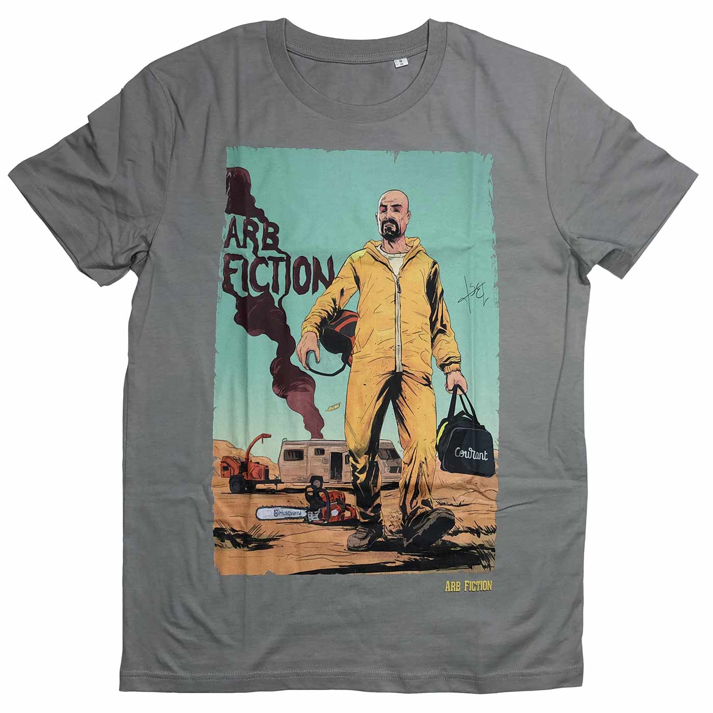 T-shirt Breaking Bad gris avec imprimé d’un homme en combinaison jaune tenant un casque et un sac, le nom du fabricant n’est pas visible