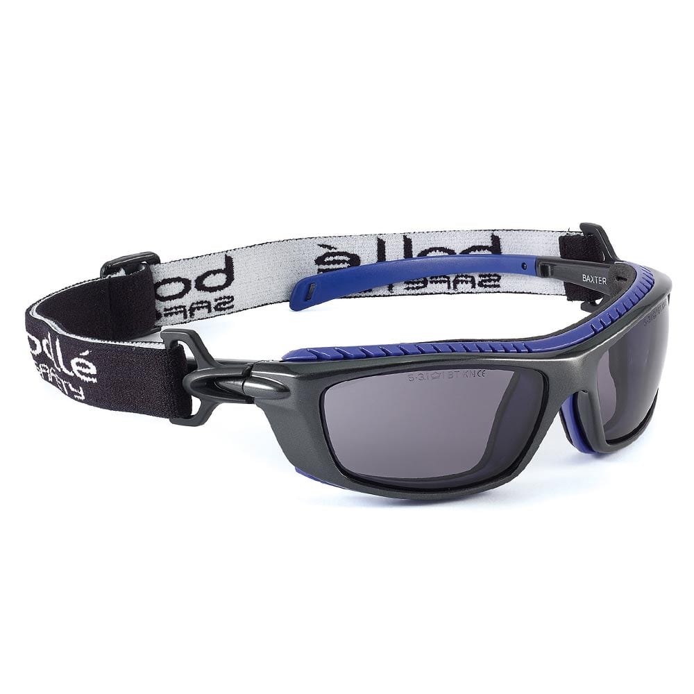 Lunettes de sécurité Bollé Baxter avec verres teintés et noir, monture bleue et bandeau noir avec lettres blanches