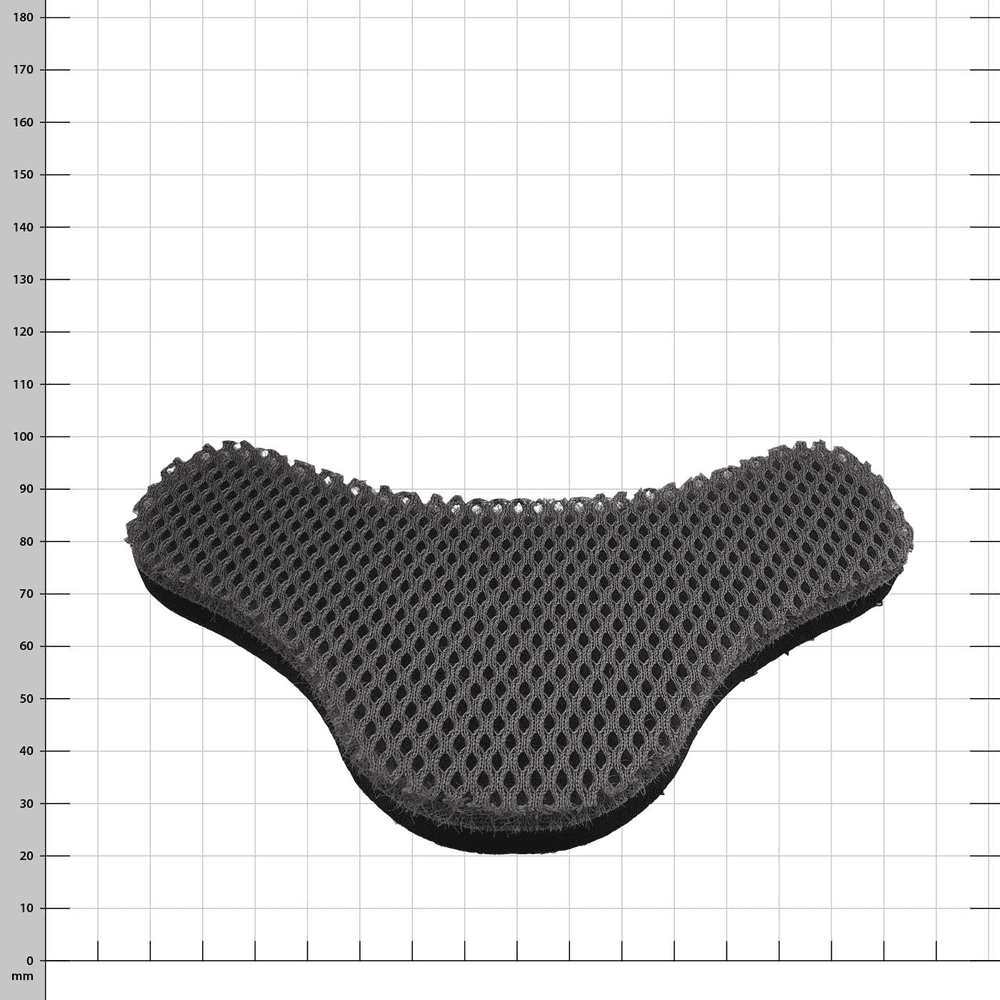 Coussinet de cou PROTOS® extra épais de couleur noire avec une structure en maille sur la surface, posé à plat sur un fond blanc avec des dimensions de grille en millimètres