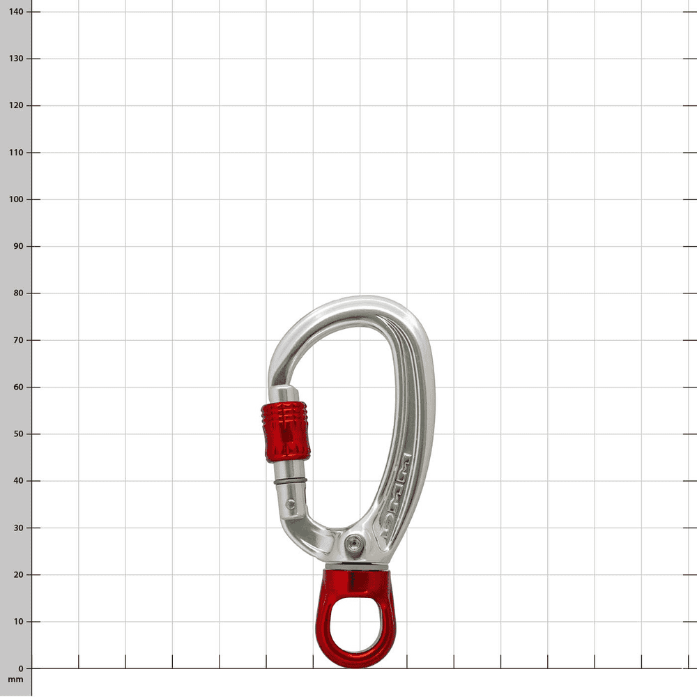 XSRE Swivel Lock mousqueton en argent avec verrou tournant rouge et émerillon rouge, sur un fond à carreaux