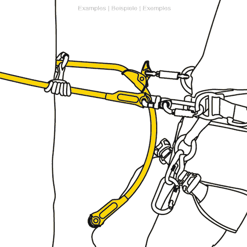 Dessin avec corde Microflip jaune sur baudrier d’escalade et paroi rocheuse, fabricant Petzl