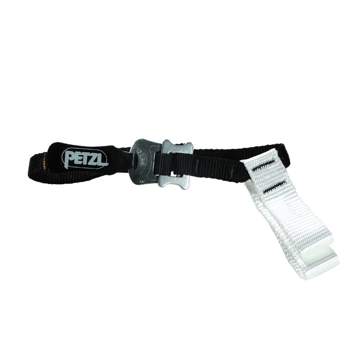 Pantin Strap L de Petzl, un bracelet noir et blanc avec fermeture en métal et logo PETZL sur la partie noire