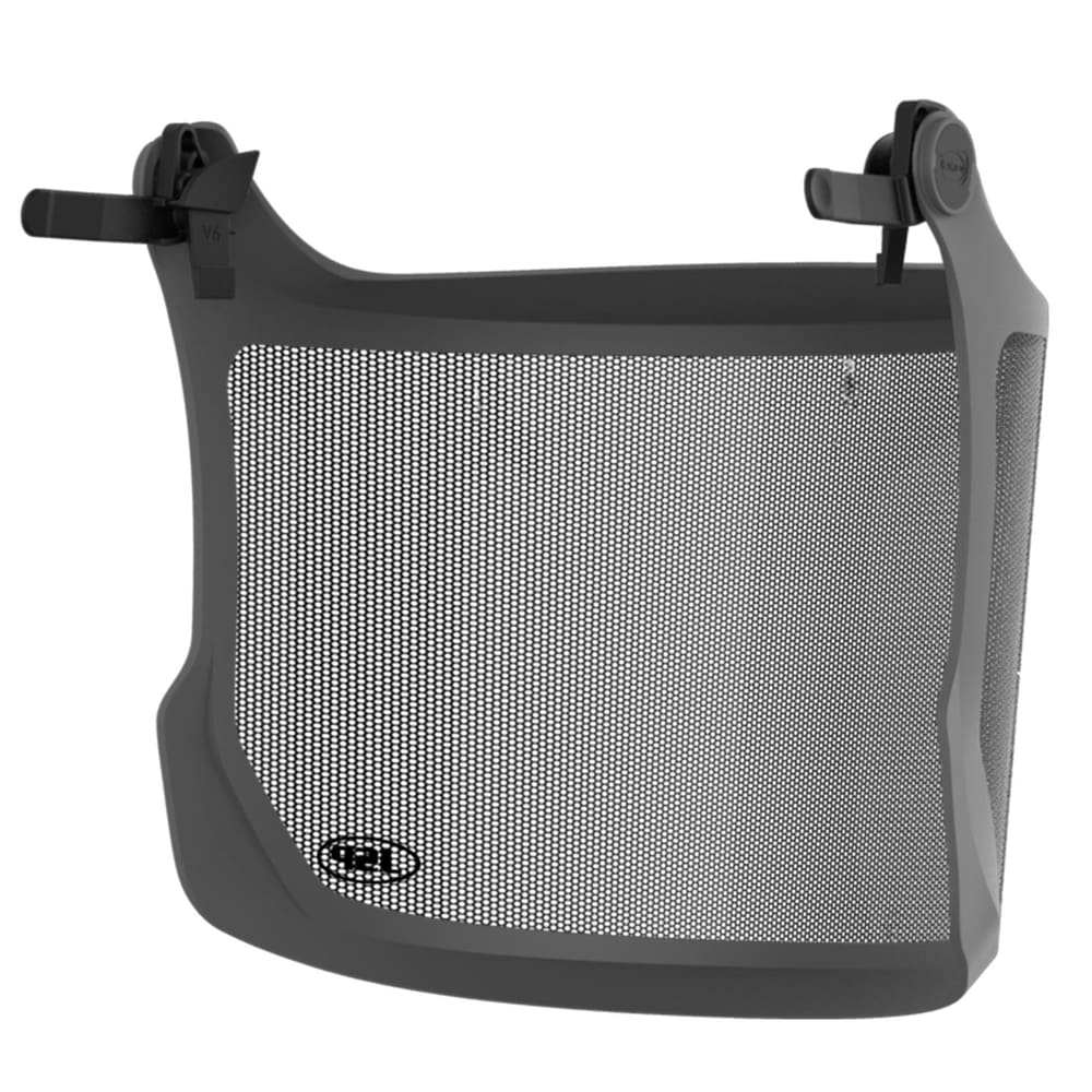 Visière forestière Evoguard M3 avec cadre gris et tissu en maille noire à l’arrière avec logo imprimé