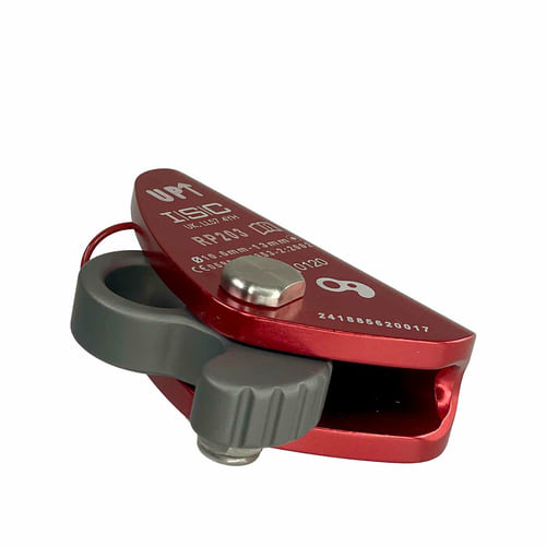 Mini pince à corde, dispositif de corde rouge avec anneau gris et bouton gris, vue latérale