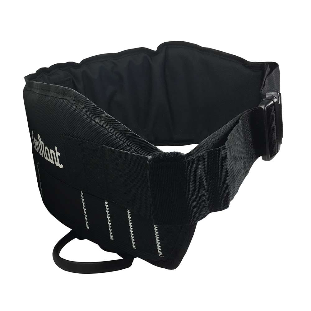 Ceinture croisée noire avec surpiqûres blanches et inscription « Courant », fabricant non visible