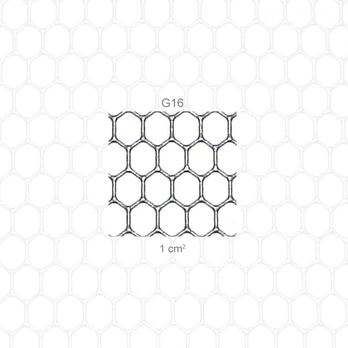 PROTOS® Visor Coarse G16, gros plan du filet à mailles hexagonales avec inscription « G16 » et mesure 1 cm²