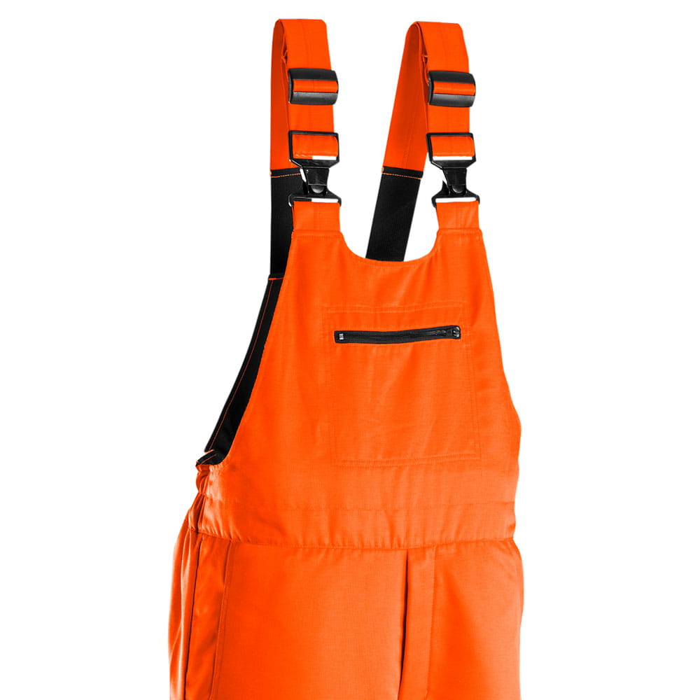 Salopette classique Détail du haut orange avec bretelles réglables et poche zippée à l’avant