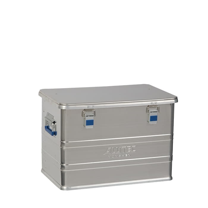 Alubox Comfort 73 d’Alutec, boîte fermée en aluminium argenté avec poignées et fermetures bleues