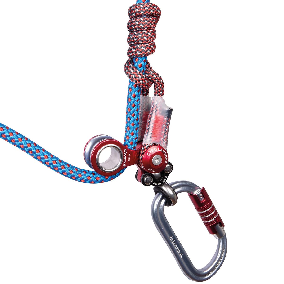 Longe gyroscopique simple, gros plan de pièces métalliques rouges avec mousqueton, corde et nœud bleu et rouge