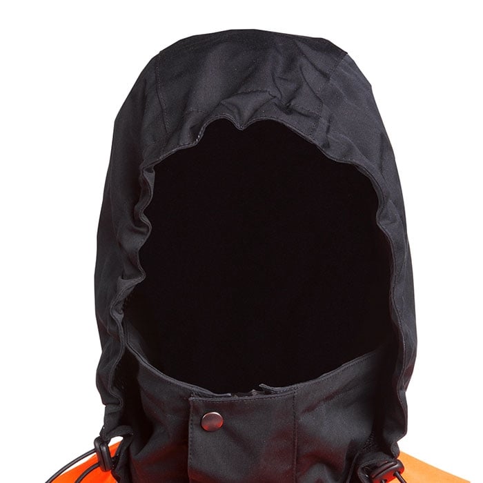 Capuche noire de la veste de pluie Keiu avec ourlet élastique
