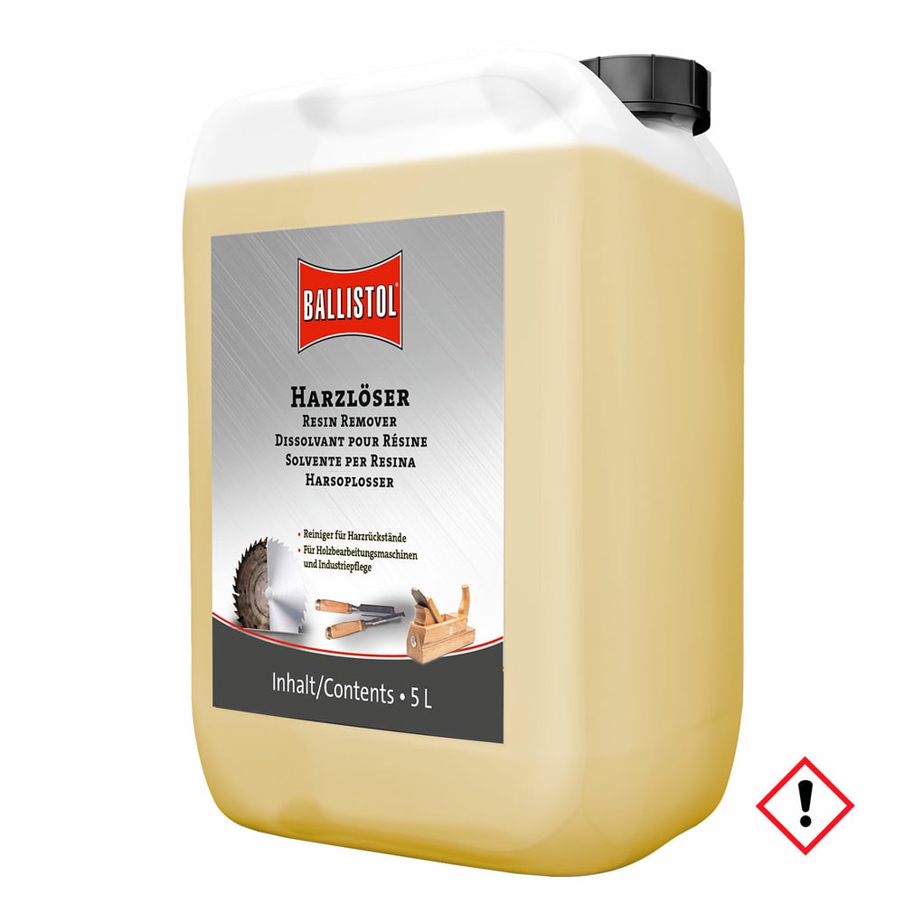 Ballistol Resin Solvent 5.0, bidon de 5 litres avec liquide jaunâtre et bouchon à vis noir, l’étiquette indique Resin Remover en plusieurs langues et le logo Ballistol