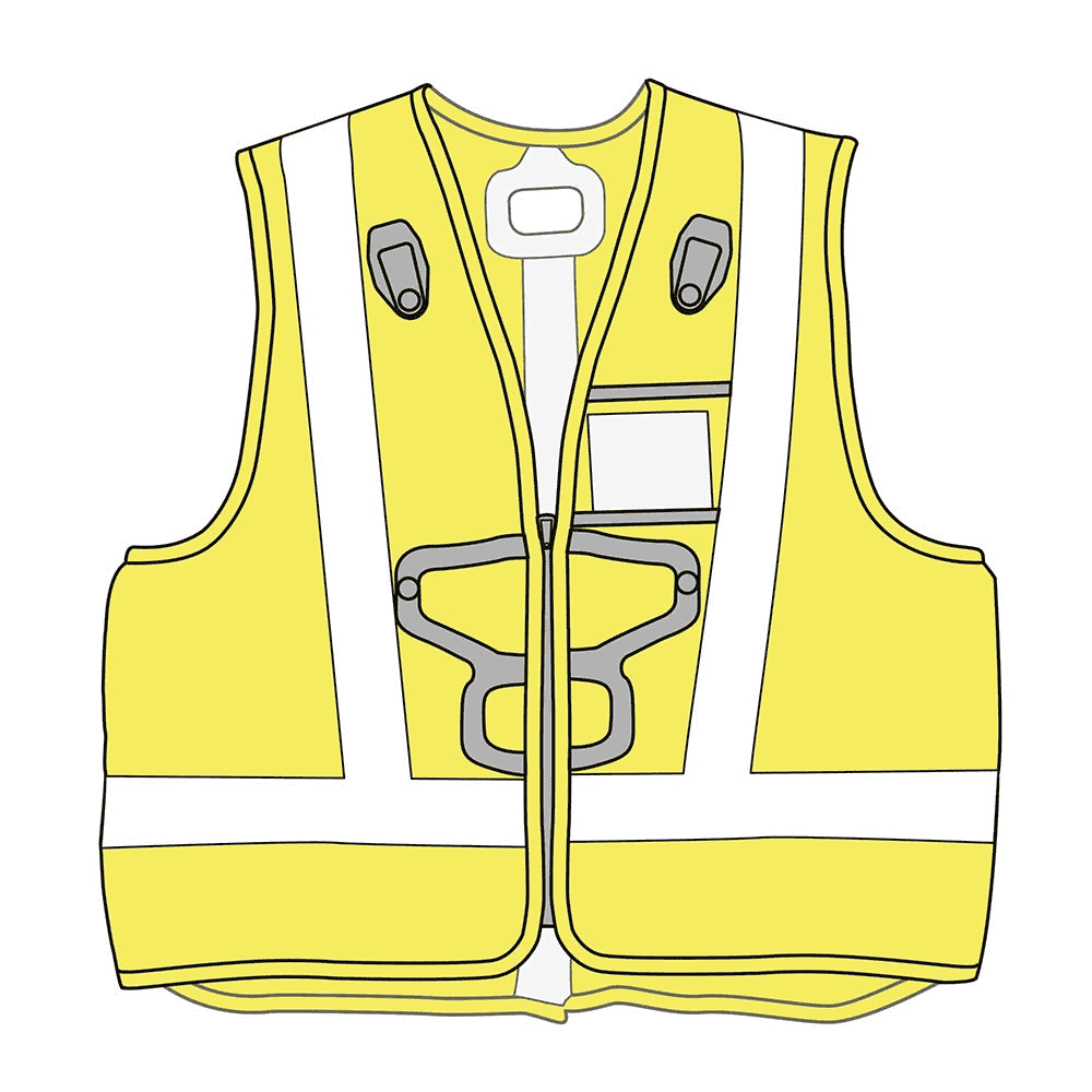 Illustration Newton Vest HI-VIZ d’un gilet de sécurité jaune avec des bandes réfléchissantes grises, des supports et des poches noirs