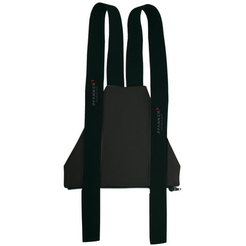 Salopette zippée gris foncé avec bretelles noires, nom du fabricant sur les bretelles en blanc et rouge